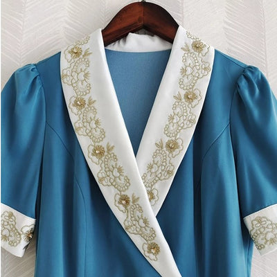 Robe Années 40 Perles Bleu