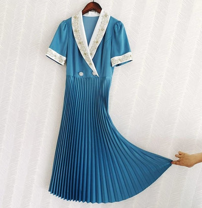 Robe Années 40 Perles Bleu