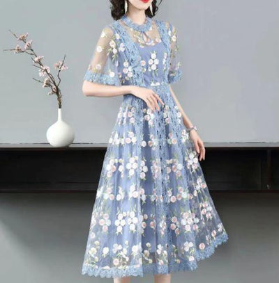 Robe Bleue Fleurs Vintage
