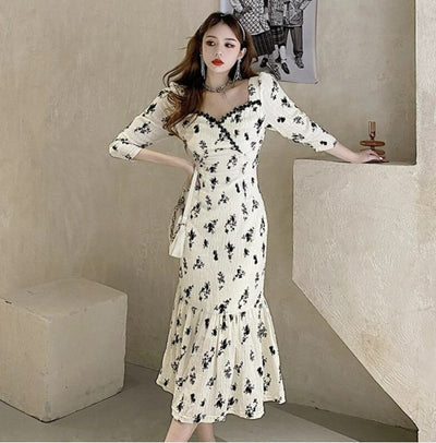 Robe Longue Fleurie Vintage Kaki