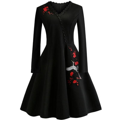 Robe Vintage Grande Taille Noire Fleurs Brodées