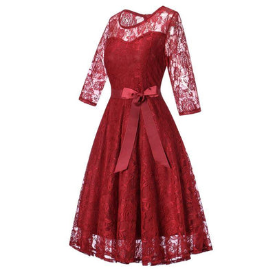 Robe vintage soirée manches longues rouge