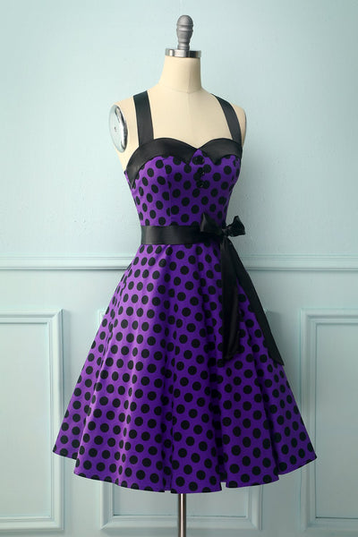 Robe dos nu violet à pois noirs