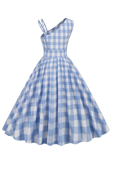 Robe asymétrique vintage à plaid bleu