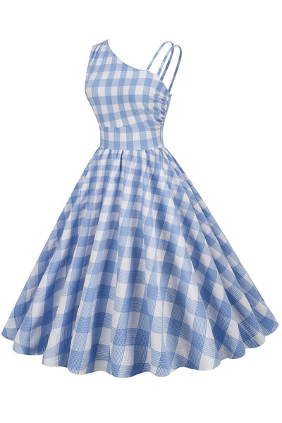 Robe asymétrique vintage à plaid bleu