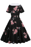 Robe Vintage Imprimée Florale Noire Avec Ceinture