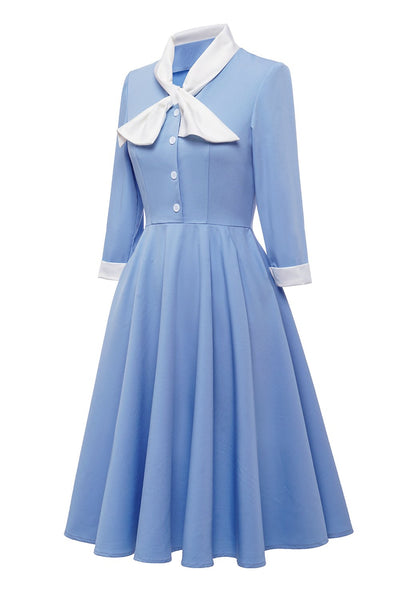 Robe Bleue en Trapèze Vintage avec Nœud Papillon