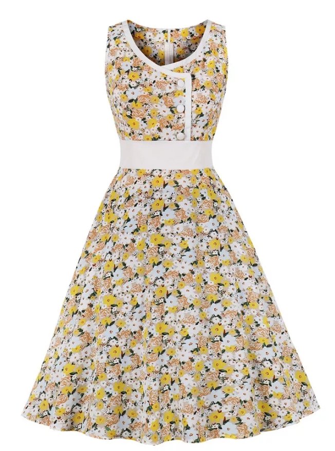 Robe Année 50 Pin Up Jaune Fleurs