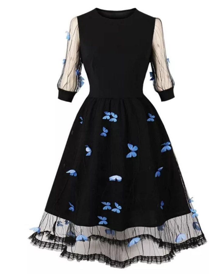 Robe Année 50 Pin Up Papillons Bleus