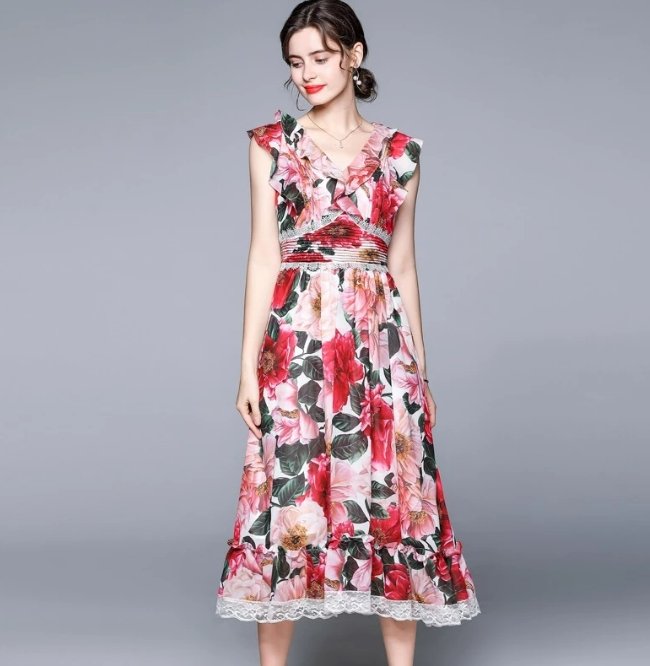 Robe Années 40 Rose Manches Courtes