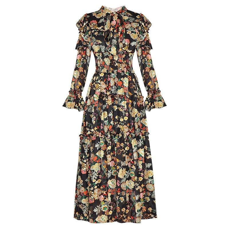 Robe Années 40 Taille Haute Noire Fleurs