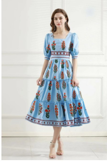 Robe Courte Vintage Fleurie Bleu