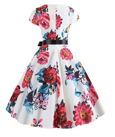 Robe Evasée Vintage Blanche et Rose