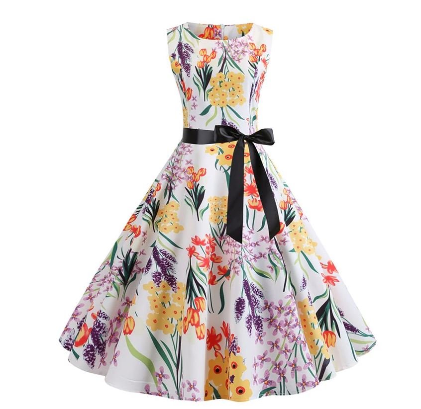 Robe Evasée Vintage Blanche Fleurs Chaudes