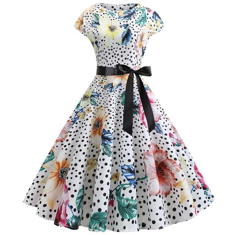Robe Année 50 Blanche Fleurs et Pois