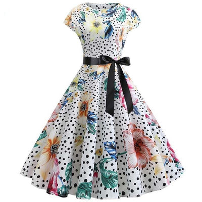 Robe Année 50 Blanche Fleurs et Pois