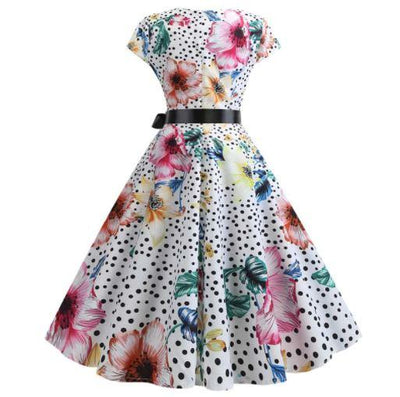 Robe Année 50 Blanche Fleurs et Pois