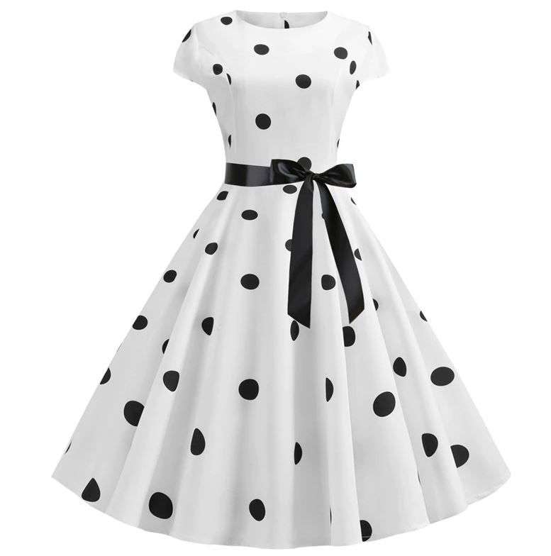 Robe Evasée Vintage Blanche Pois Noirs