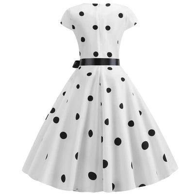 Robe Evasée Vintage Blanche Pois Noirs
