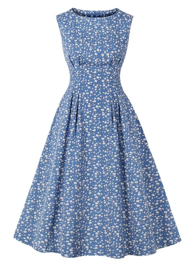 Robe Evasée Vintage Bleue Fleurs Blanches