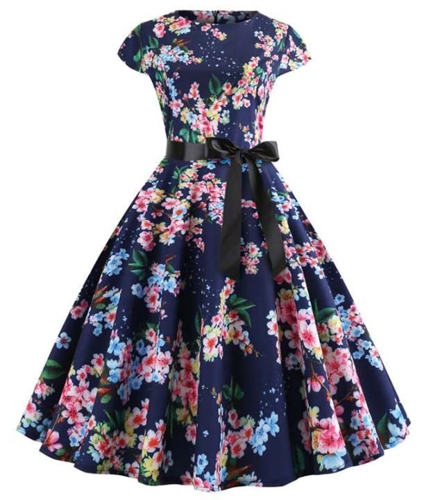 Robe Evasée Vintage Bleue Petites Feuilles