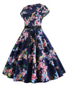 Robe Evasée Vintage Bleue Petites Feuilles
