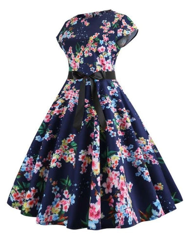 Robe Evasée Vintage Bleue Petites Feuilles