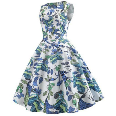 Robe Evasée Vintage Fleurs Bleues