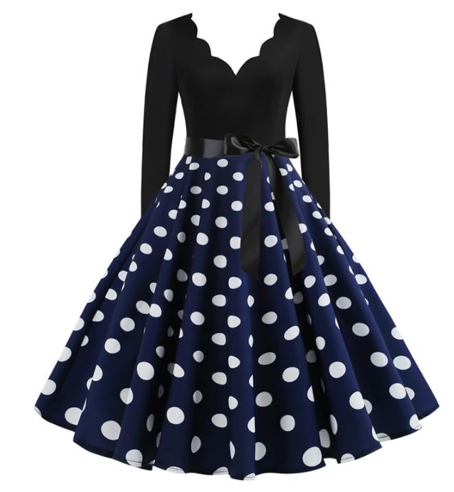 Robe Evasée Vintage Marine Pois Blancs