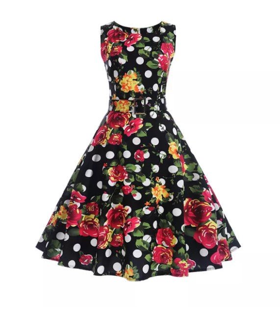 Robe Evasée Vintage Marine Pois Fleurs