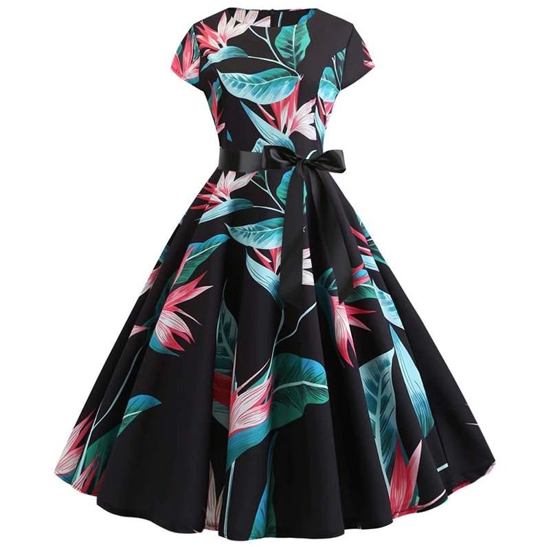 Robe Evasée Vintage Noire Fines Fleurs