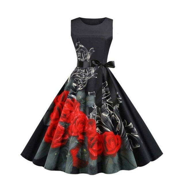 Robe Evasée Vintage Noire Fleurie