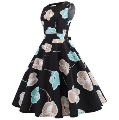Robe Evasée Vintage Noire Fleurs