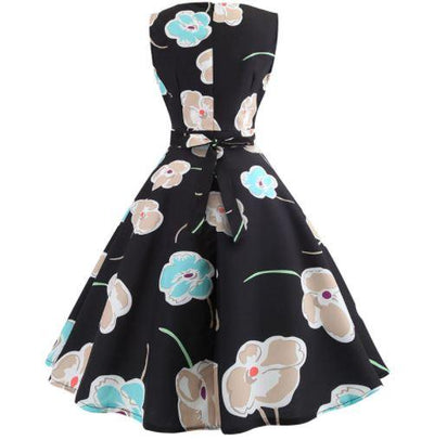 Robe Evasée Vintage Noire Fleurs