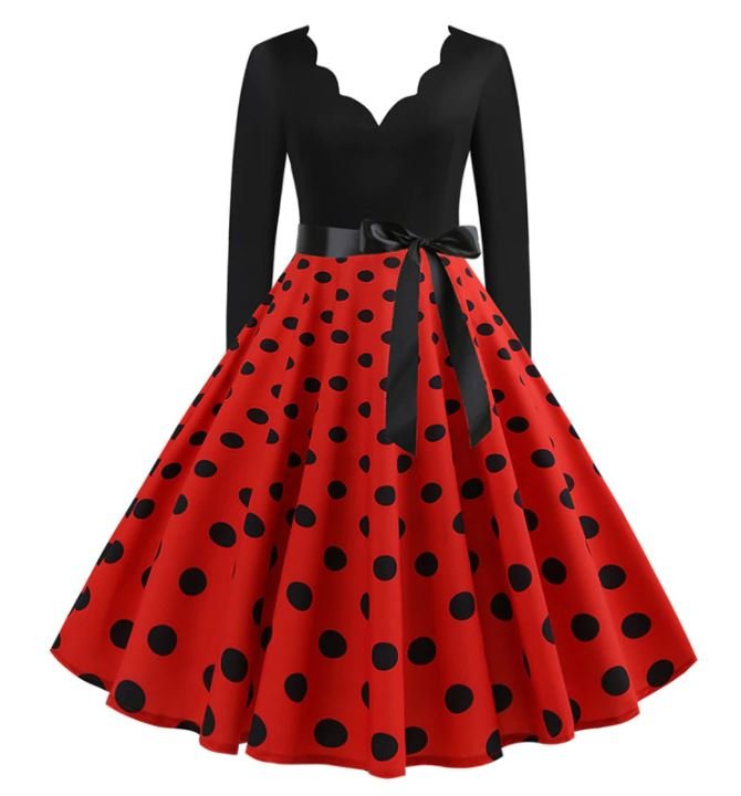 Robe Evasée Vintage Rouge Pois Noirs