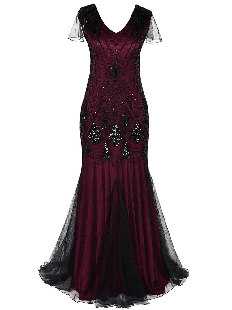 Robe Gatsby Longue Haute Couture Bordeaux et Noire