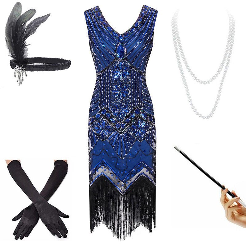 Robe Vintage Année 20 Bleu ( Avec Accessoires)