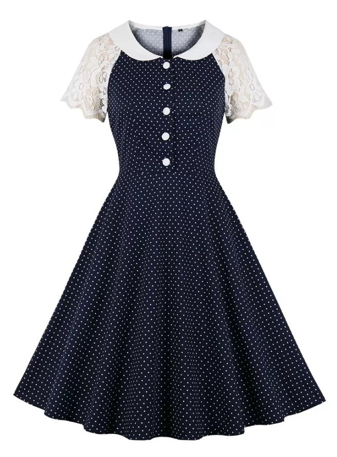 Robe Vintage Bleu Col Dentelle