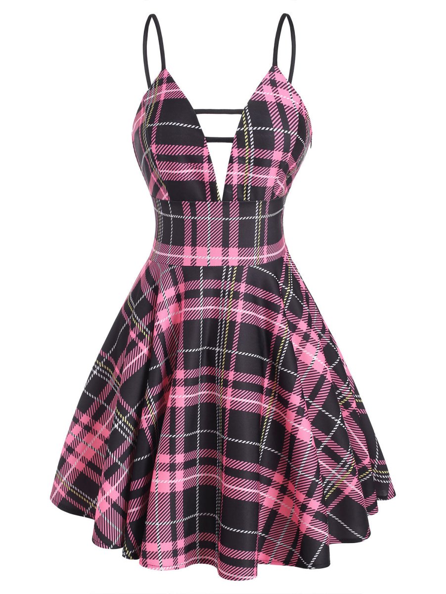 Robe Vintage Carreaux Lacets Rose