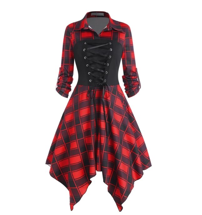 Robe Vintage Carreaux Lacets Rouge