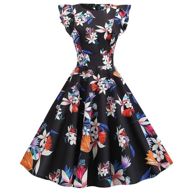 Robe Vintage Chic Rétro Noire Fleurie