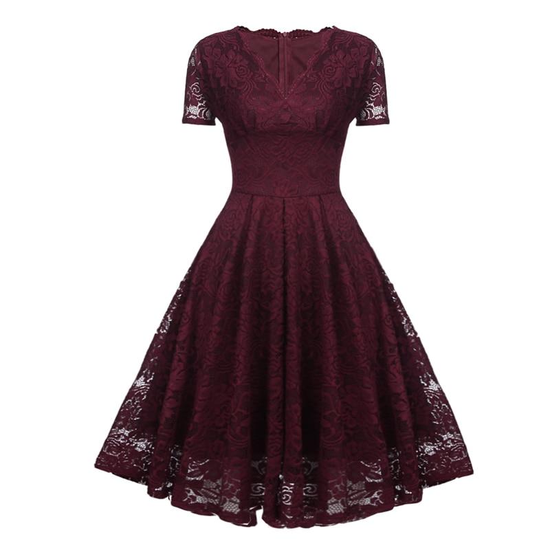 Robe Vintage Col en V Dentelle Bordeaux