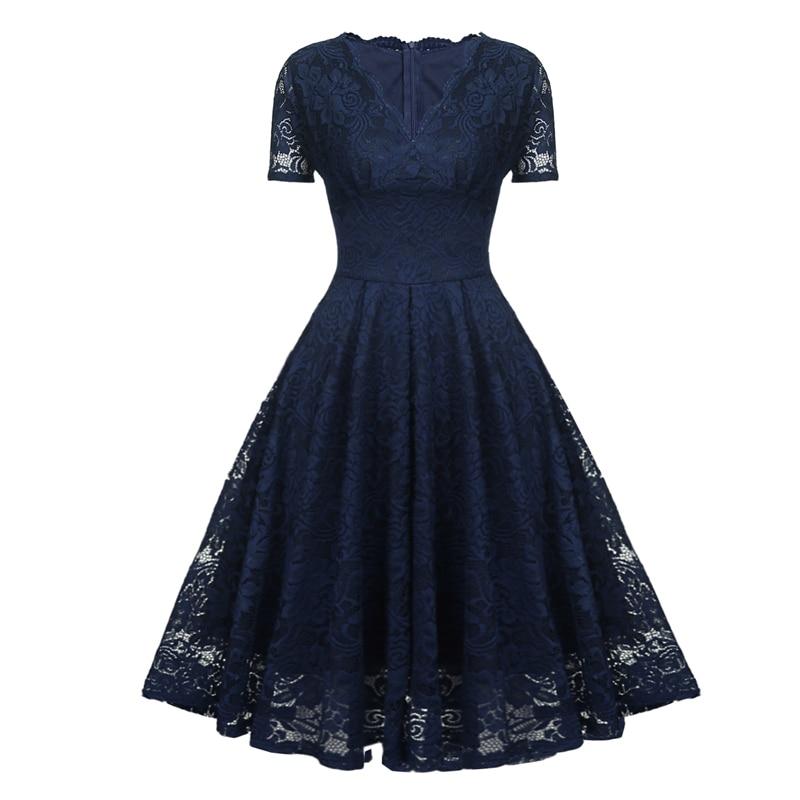 Robe Vintage Col en V Dentelle Marine