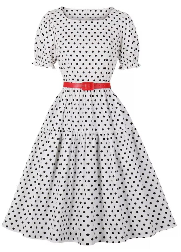 Robe Vintage Col Rond Blanche Pois
