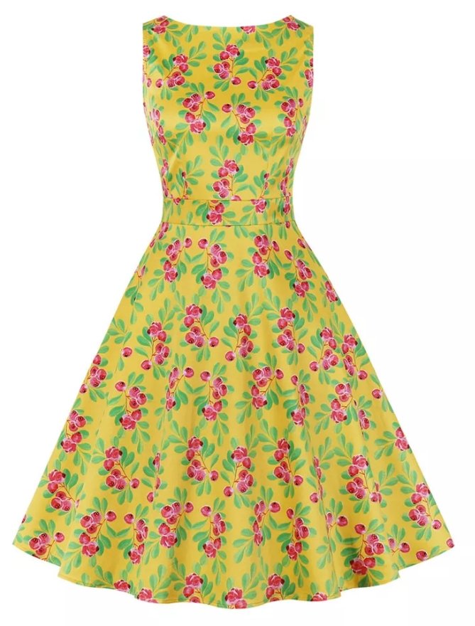 Robe Vintage Col Rond Jaune Fleurs
