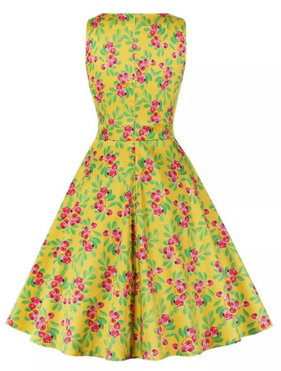 Robe Vintage Col Rond Jaune Fleurs