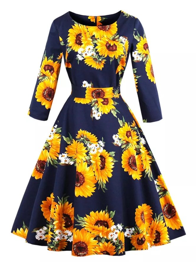 Robe Vintage Grande Taille Manches Longues Bleu