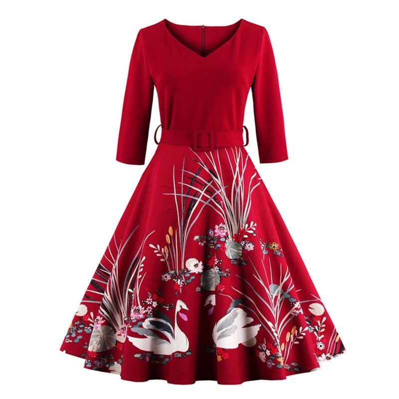 Robe Vintage Grande Taille Manches Longues Rouge