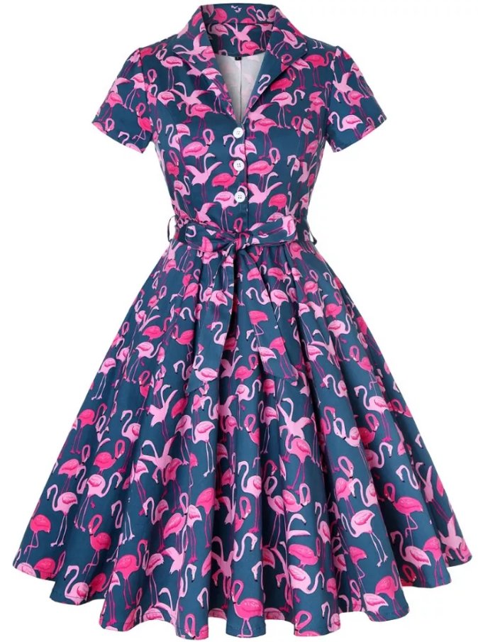 Robe Vintage Grande Taille Marine Oiseaux