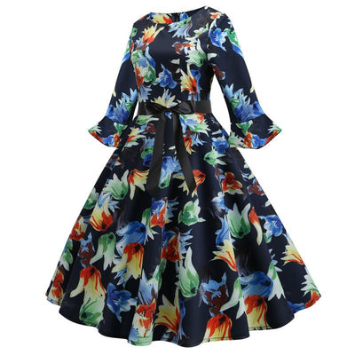 Robe Vintage Hiver Marine Fleurs